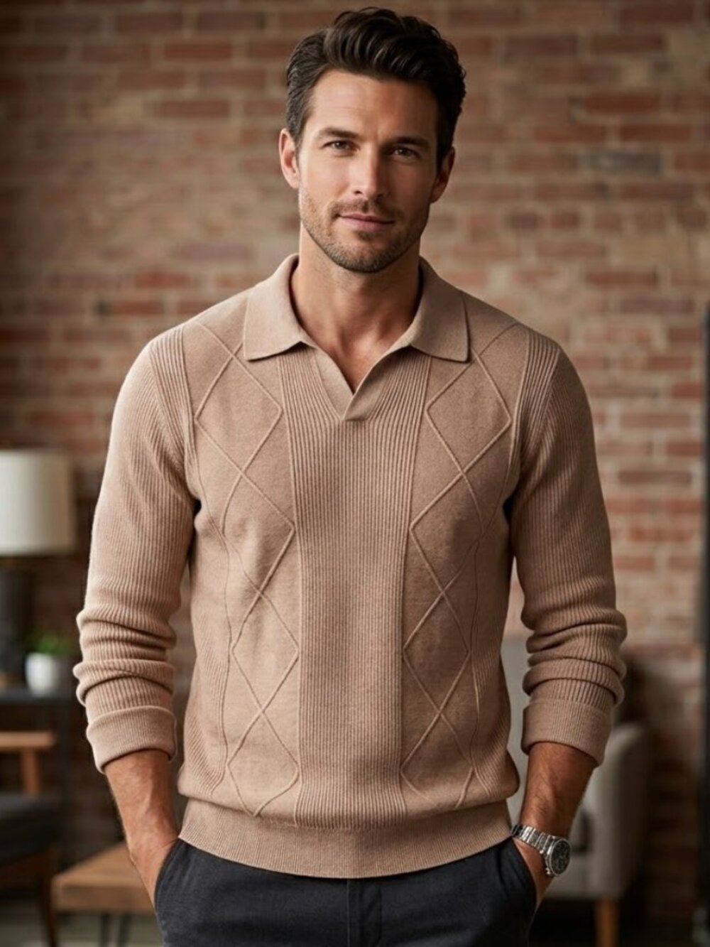 Tahari NWT Men's Brown Knit Polo Sweater